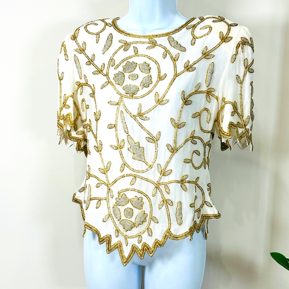 Beautiful Vintage Lawrence Kazar Silk Beaded Floral Short Sleeve Top Size L